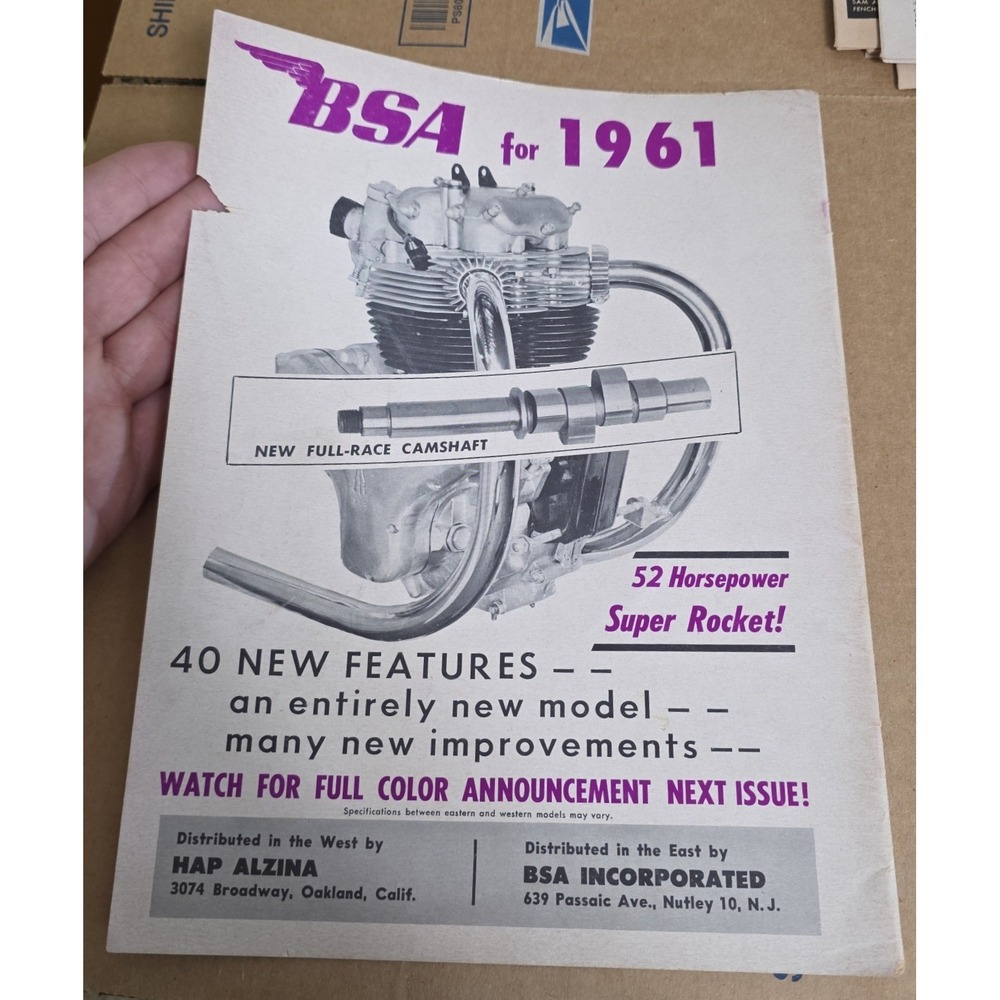 1961 BSA Super Rocket Motorcycle Ad New Full Race Camshaft 52 Horsepower